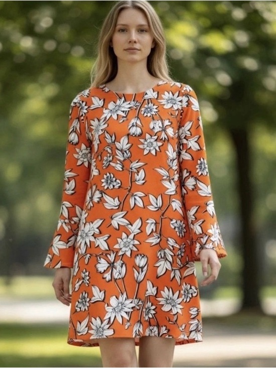 ESQUALO Dresses & Skirts - NWT ESQUALO Women’s Size 8 Orange Navy White Floral Long-Sleeve Shift Dress